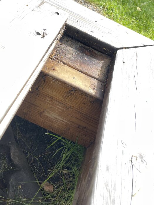 Träkonstruktion, öppning, gräs undertill, solljus, utomhus, sliten, omsorgsbehövande, delvis i skugga.