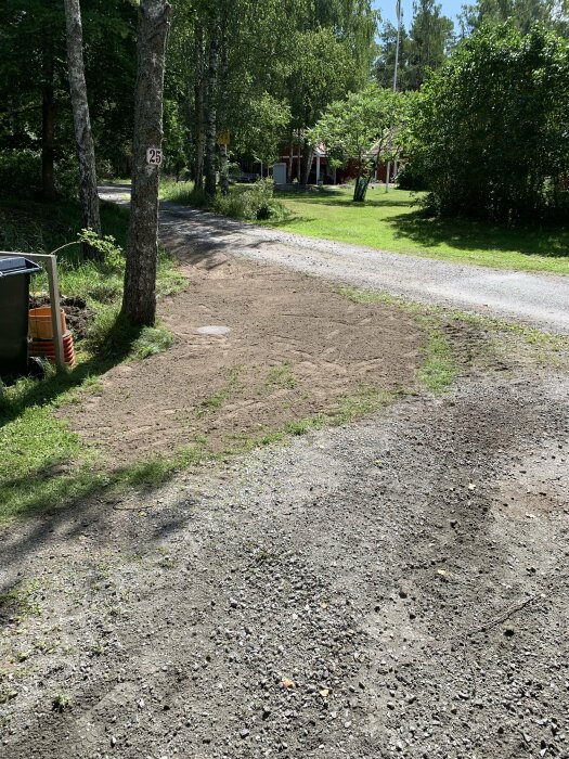 En sommardag, grusväg, gröna träd, röda stugor, nummerskylt på trädet, skuggor, solbelyst, lugnt bostadsområde.