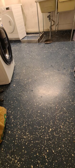 Ett tvättstuga golv med blått klinker, tvättmaskin, torktumlare, korg och sladdar, något spillt på golvet.
