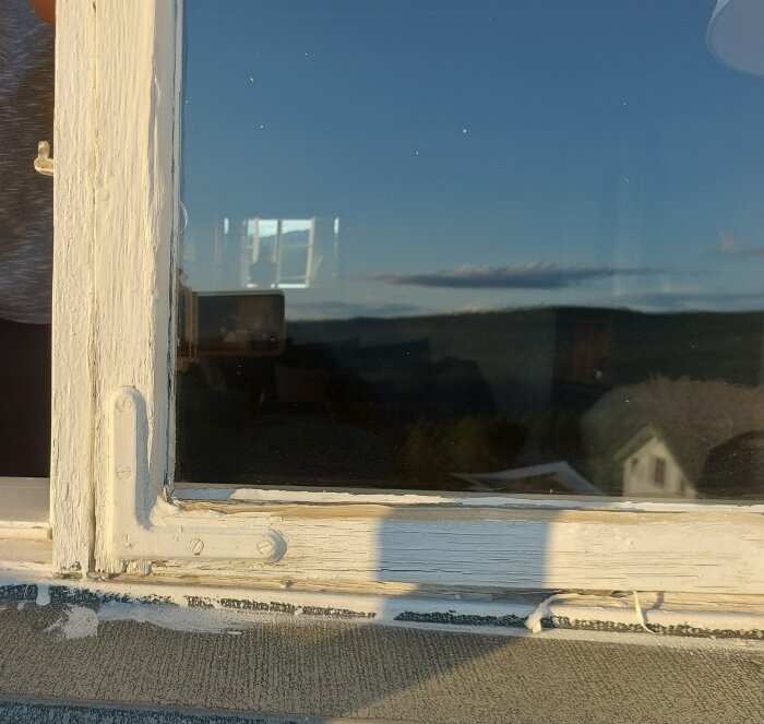 Ett fönster med spegling, utsikt över träd och hus vid skymning, vit fönsterkarm, någon inomhus synlig.