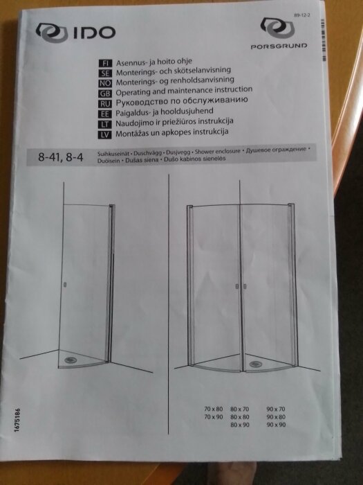Instruktionsmanual på flera språk, duschväggar, mått, produktillustrationer, skandinavisk design, Porsgrund märke.