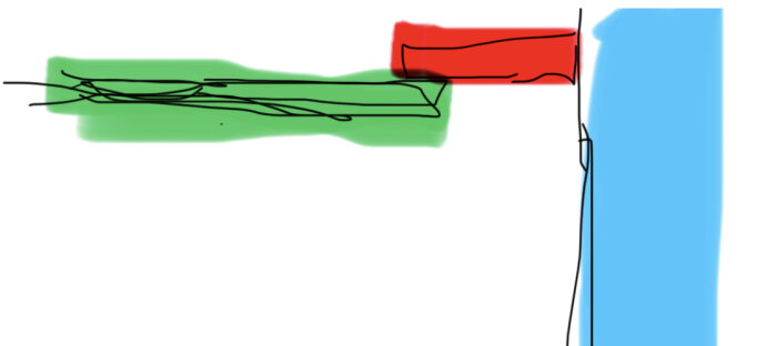 Enkel digital ritning med abstrakta former i grönt, rött och blått, svarta linjer på vit bakgrund.
