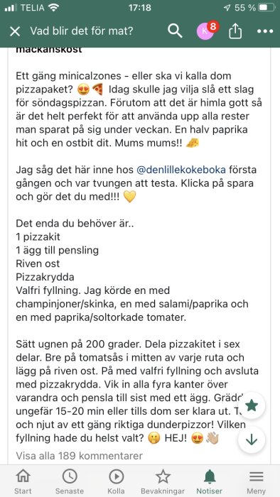 Recept på minicalzones med valfria fyllningar och instruktioner för tillagning på svenska.