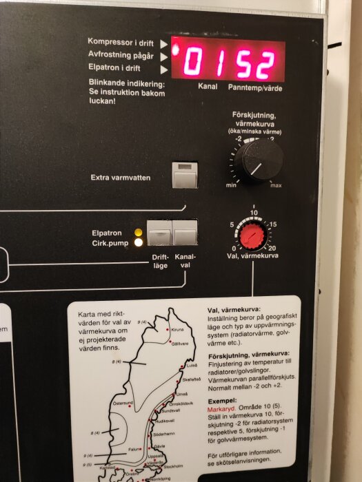 Värmesystemskontrollpanel med tidsdisplay, instruktionsetiketter, kartöversikt och reglage för inställning av värme.