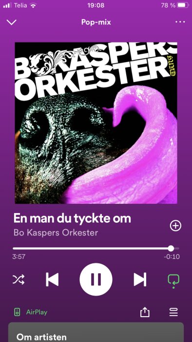 Musikspelarens gränssnitt visande låten "En man du tyckte om" av "Bo Kaspers Orkester".