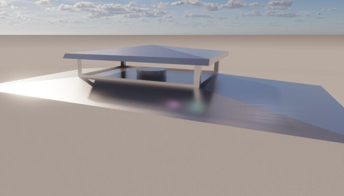 Modern byggnad i ökenlandskap, minimalistisk design, platt tak, stora öppningar, rendering, klar himmel.