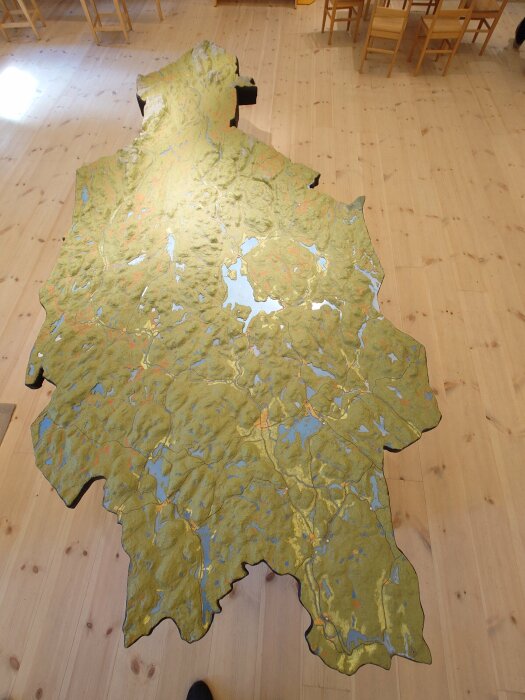 Ett stort, uppblåsbart kartpussel av Frankrike på ett trägolv, delvis i skugga, med starka detaljer och färger.