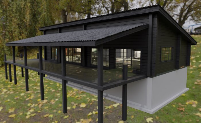 3D-renderad bild av ett svart stilt hus med terrass, omgiven av höstlöv och träd.