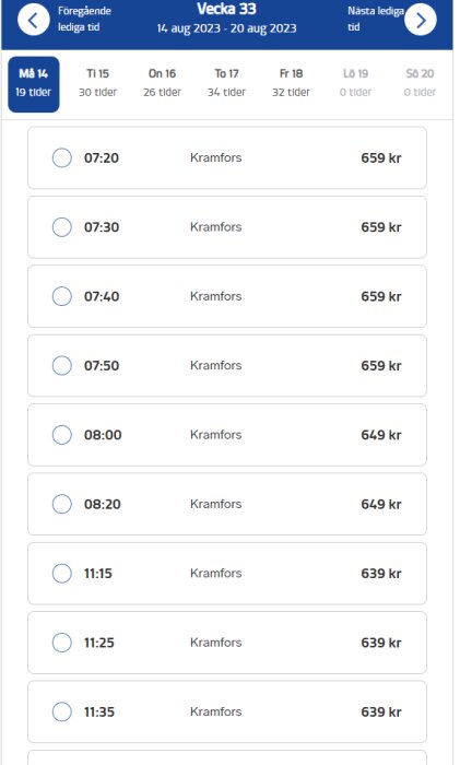 Bokningsschema, olika tider, priser i kronor, resor till Kramfors, vecka 33, år 2023.