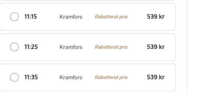 Tre tågtider till Kramfors listade, alla kostar 539 kronor med rabatterat pris.