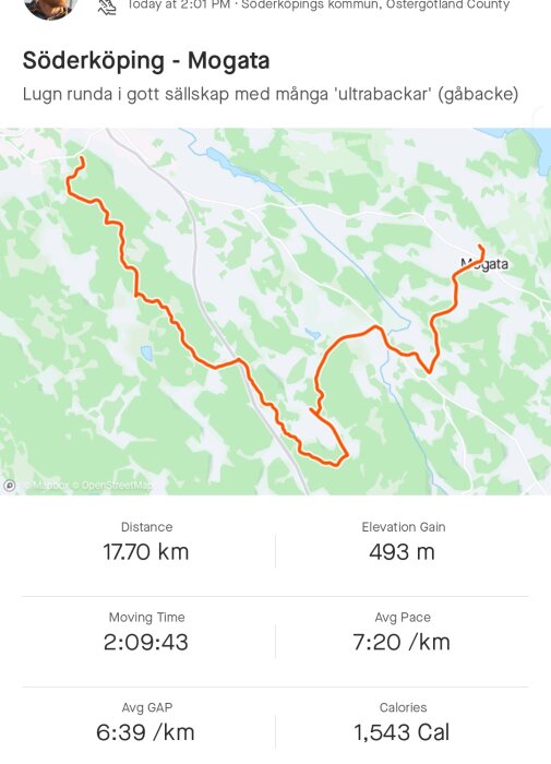 Kartskärm med löprunda i Söderköping till Mogata, 17,7 km, höjdvinst 493 m, tid 2h 9min.