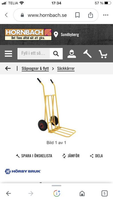 Gul sackkärra på en webbsida, mobilsurfmiljö, produktlista, Hornbach-varuhus, inköpsalternativ.