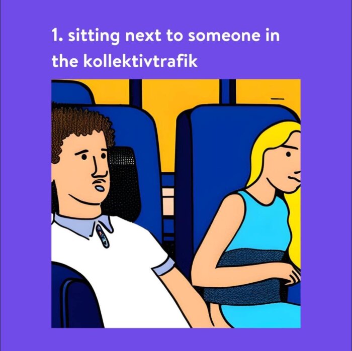 Två tecknade personer sitter bredvid varandra på kollektivtrafikens blåa säten.