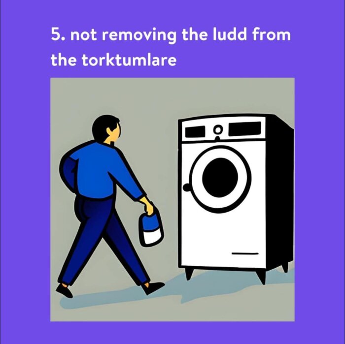 Illustration av person nära tvättmaskin, text angående underhåll av torktumlare, mörkblå och lila färgschema.