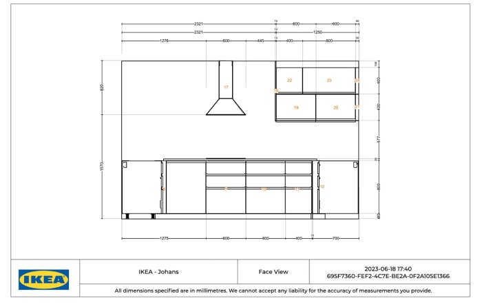 Ikea-möbelritning. Mått i millimeter. Overskåp. Hyllsektioner. Teknisk skiss. Datum och artikelnummer närvarande.