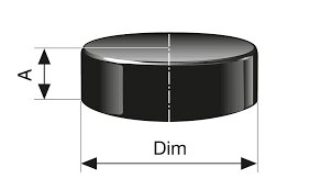 Svart cylinder, dimensionerade höjd (A) och diameter (Dim), vit bakgrund, teknisk ritning eller illustration.