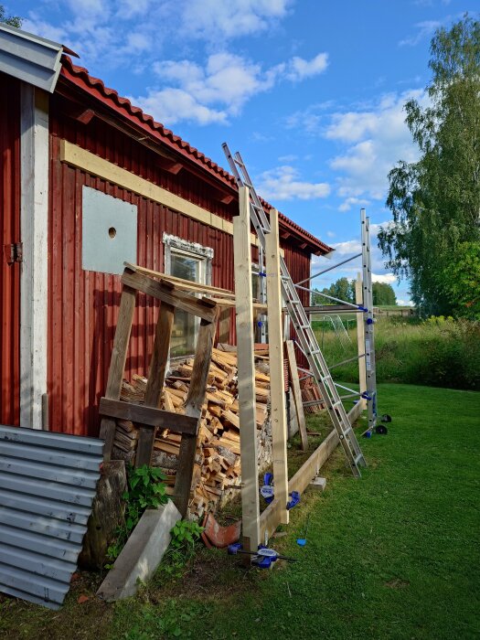 Röd stuga under reparation, stegar, trävirke, klamp, vedstapel, grönt gräs, trädbakgrund, dagtid.