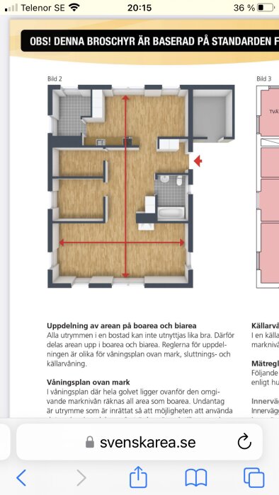 Schematisk bild av bostad med röda pilar som indikerar arean. Text om arean på svenska. Webbplatsadress nedtill.