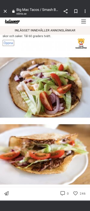 Två bilder visar maträtten tacos med kött, sallad, tomat och rödlök.