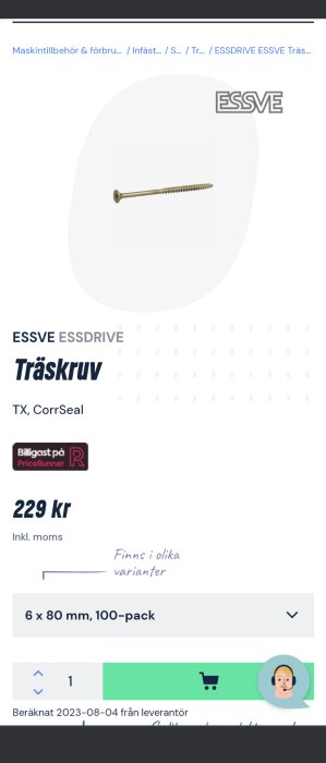 Produktsida för ESSVE träskruv, Torx, CorrSeal, 6x80 mm, 100-pack, pris 229 kronor, inklusive moms.