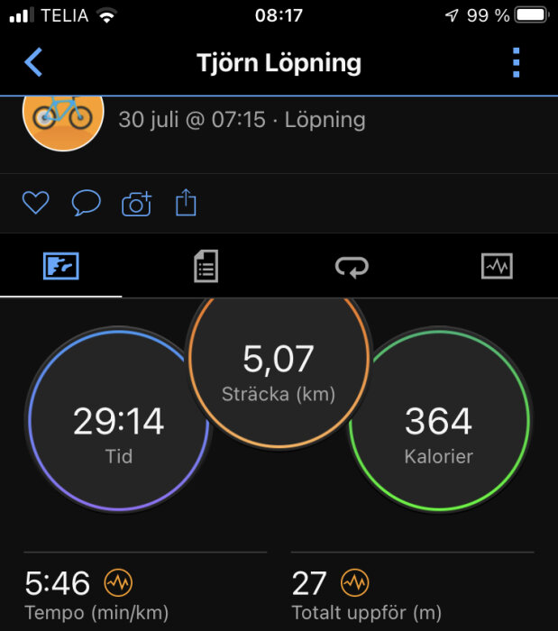 Skärmdump av löpaktivitetsapp, visar sträcka, tid, kaloriförbrukning, tempo och höjdstigning.