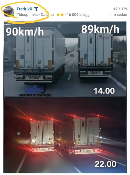 Två lastbilar kör bredvid varandra, dag och nattscen, hastigheten visas, orsakar trafikstockning.