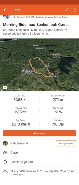 Cykeltur i Borlänge, 37,68 km, hastighet 22,8 km/h, kuperad terräng, molnigt väder, använder Garmin Edge 530.