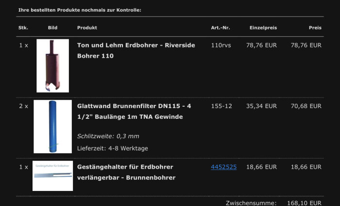 Beställningsbekräftelse för borrutrustning med bilder och priser i euro, inklusive brunnfilter och jordborr.