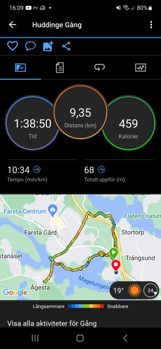Skärmavbild från aktivitetsapp som visar promenadstatistik och karta över rutt.