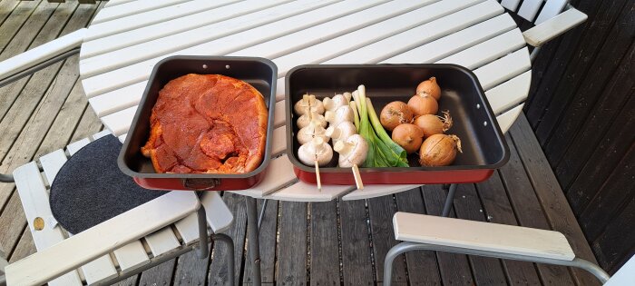 Två ugnsformar med rå marinerad kyckling, vitlök, lök, purjolök på en uteplats. Matförberedelser, grillning eller matlagning utomhus.