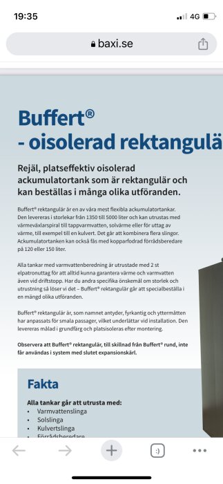 Webbsida med information om rektangulär, oisolerad ackumulatortank, beställningsbara i olika storlekar och utföranden.