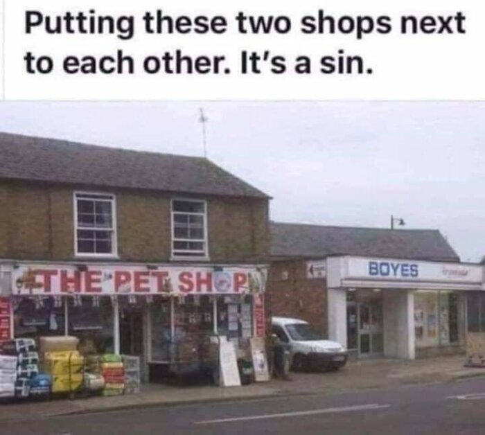 Två butiker bredvid varandra, "The Pet Shop" och "Boyes", skämtsamt kallat en synd.