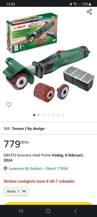 Bosch multislipverktyg, tillbehör, förpackning, online shopping gränssnitt, pris och gratis leveransinformation.