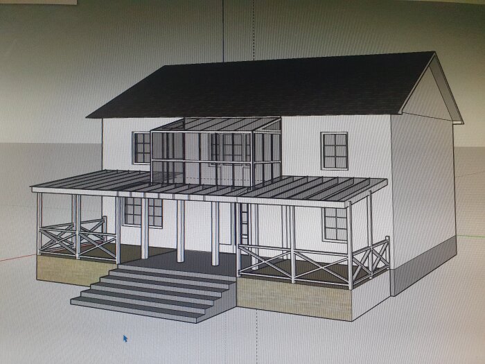 3D-modell av ett hus med veranda, tak, gångtrapp och synliga konstruktionslinjer, datordesign, ingen färg.