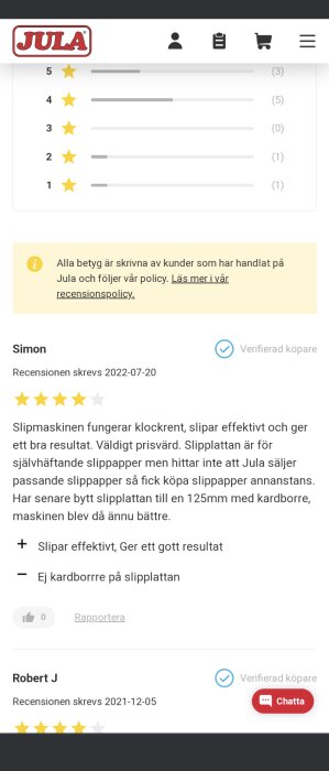 E-handelssida med produktrecensioner, användarbetyg, och verifierade köpar-märkningar.