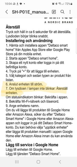 Instruktioner för återställning och installation av Deltaco smart home-enhet på svensk, med skärmdump av mobiltelefon.