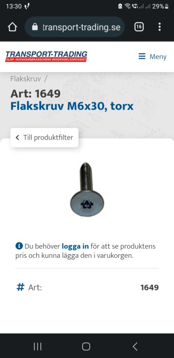 Skärmbild av en webbsida som visar en platt skruv med torx-huvud.