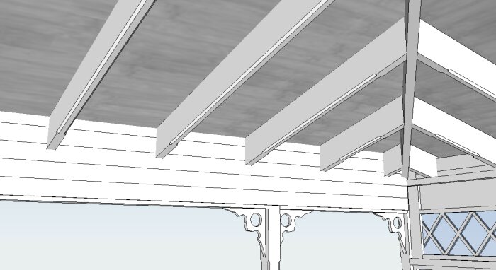 En 3D-renderad struktur av en traditionell träbjälklag med takstolar och dekorativa konsoler vid sidan.