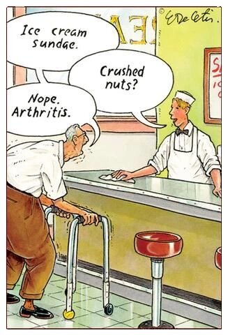 Seriebild i glassbar, äldre man med rullator, missförstånd om "crushed nuts" och artrit, humoristisk dialog.