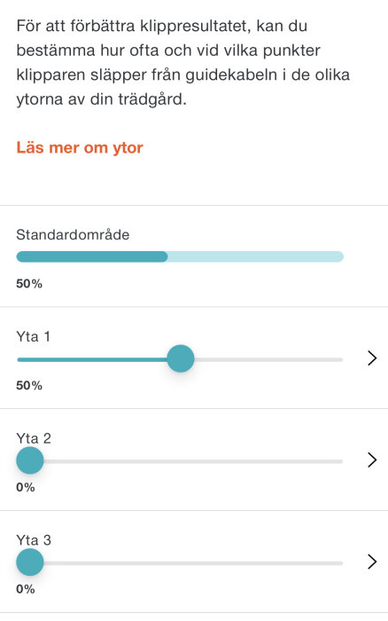 Skärmavbild på inställningar för klippresultat med reglage för olika områden i en trädgård.