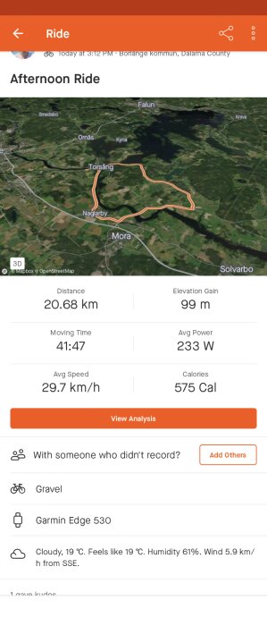 Skärmdump av cykelturstatistik och karta, 20.68 km avstånd, 41:47 rörelsetid, 575 förbrukade kalorier.
