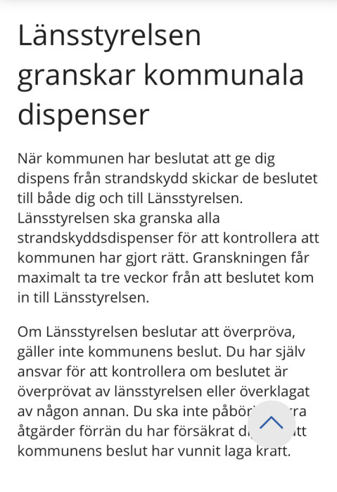 Svensk text om länsstyrelsens granskning av kommunala dispensbeslut och strandskydd. Regelinformation.