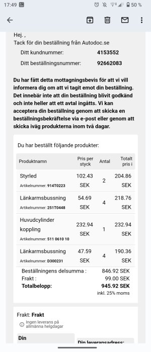 Skärmdump av e-postbekräftelse för beställning av bildelar på Autodoc.se med priser och totalsumma på svenska.