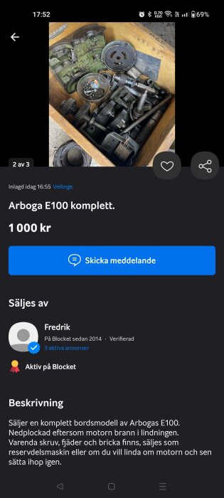 En skärmdump av en annonssida som visar en låda med delar till en Arboga E100 såld för 1 000 kr.