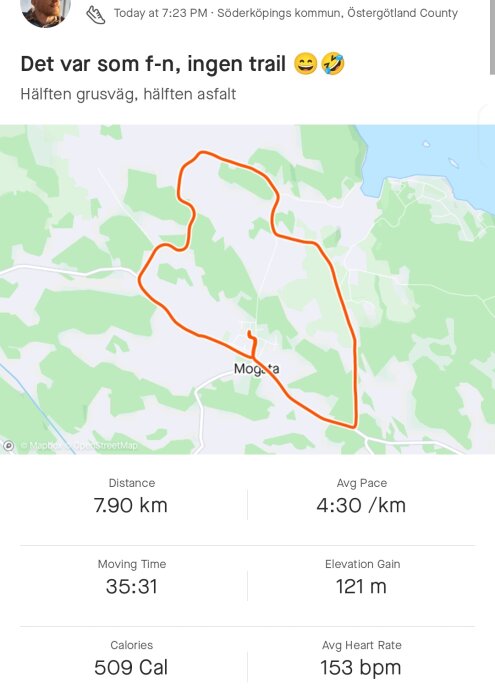 En löparapp visar en karta, distans 7.9km, tid 35:31, upplevd brist på trail.