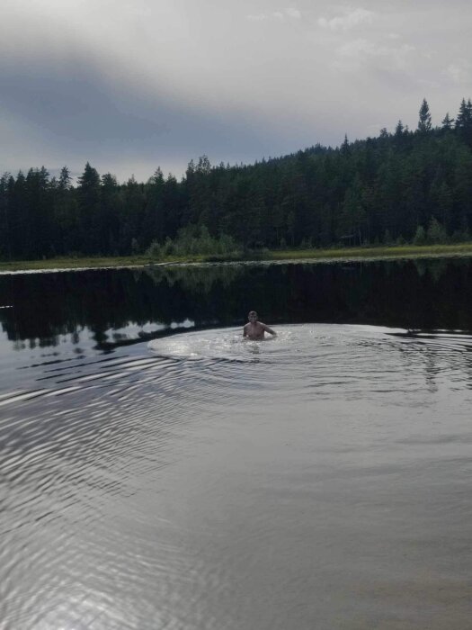 Person simmar i en lugn skogssjö under en molnig himmel. Reflective water, skogsbakgrund, avkopplande naturmoment.
