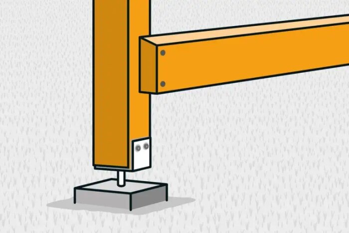 Illustration av orange hyllsystem med stödben, överliggare och grå fond. Metallkonstruktion, enkel grafisk stil.