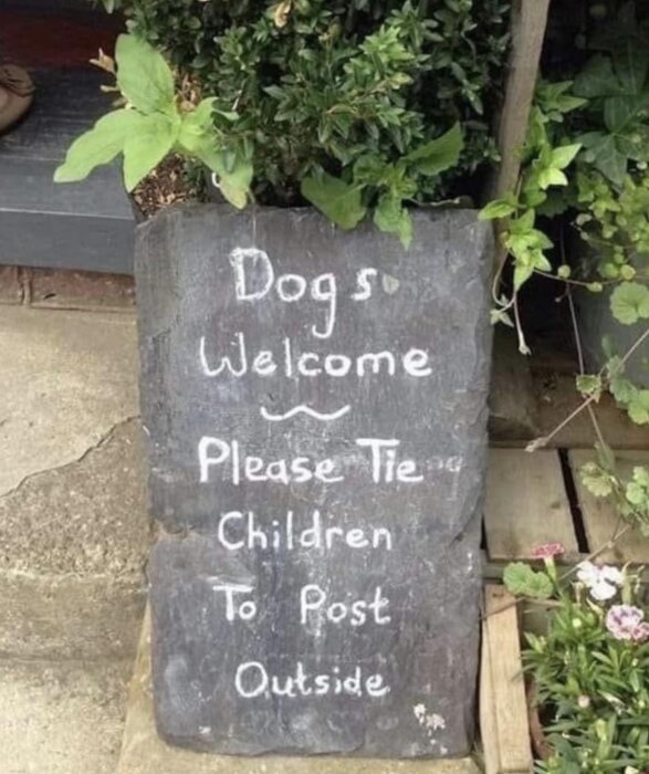 Svart skylt, krita, "Dogs Welcome", humoristiskt budskap om barn utanför, växtlighet runtomkring.
