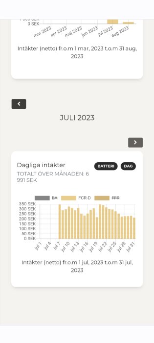 Skärmbild föreställer graf och statistik över dagliga intäkter i SEK för juli 2023. Totalt 6 991 SEK.