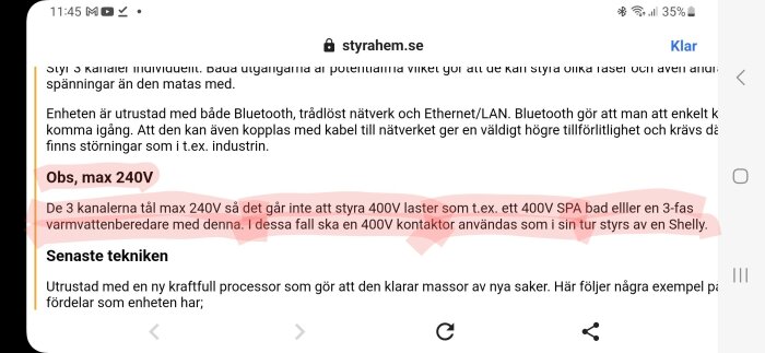 Skärmavbild av en webbsida med information om teknisk produkt som styr spänningar och uppkopplingar, varning för max 240V.